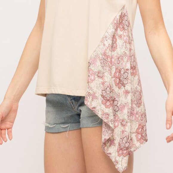MYSTREE Women’s Beige Tank Top with Asymmetrical Floral Hem – Sleeveless Blouse - Picture 5 of 5
